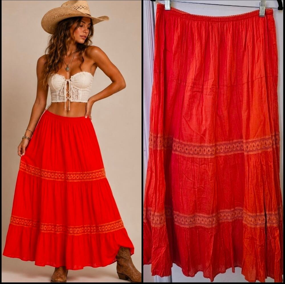 Mirasol Peasant Tiered Cotton Skirt Sz M Festival Prairie Coastal Country